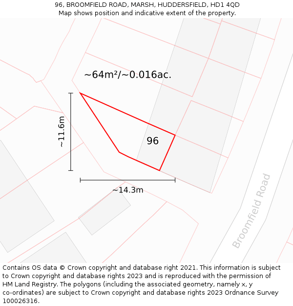 96, BROOMFIELD ROAD, MARSH, HUDDERSFIELD, HD1 4QD: Plot and title map