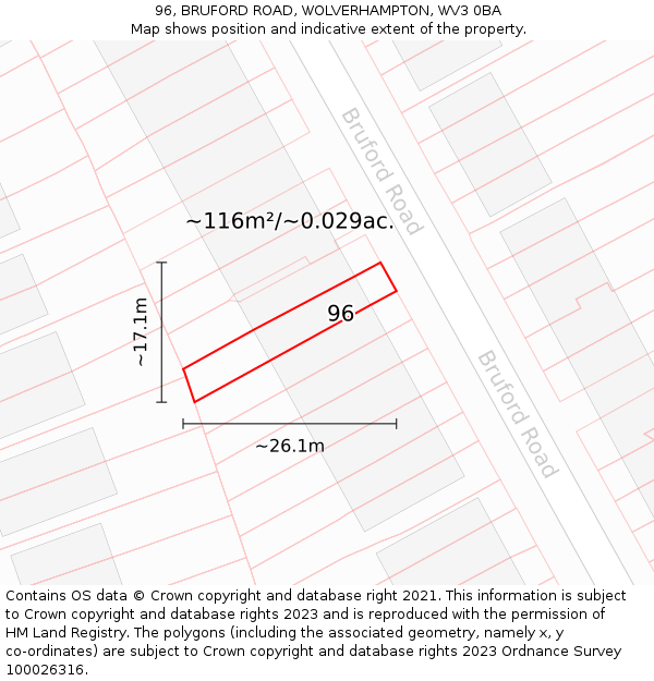 96, BRUFORD ROAD, WOLVERHAMPTON, WV3 0BA: Plot and title map