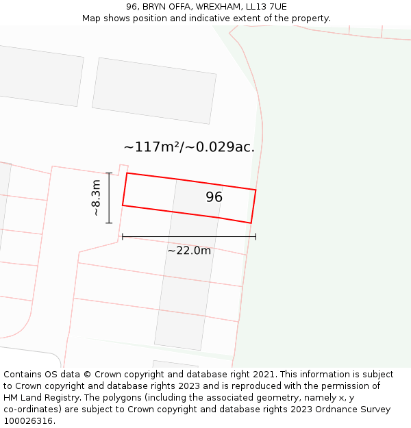 96, BRYN OFFA, WREXHAM, LL13 7UE: Plot and title map