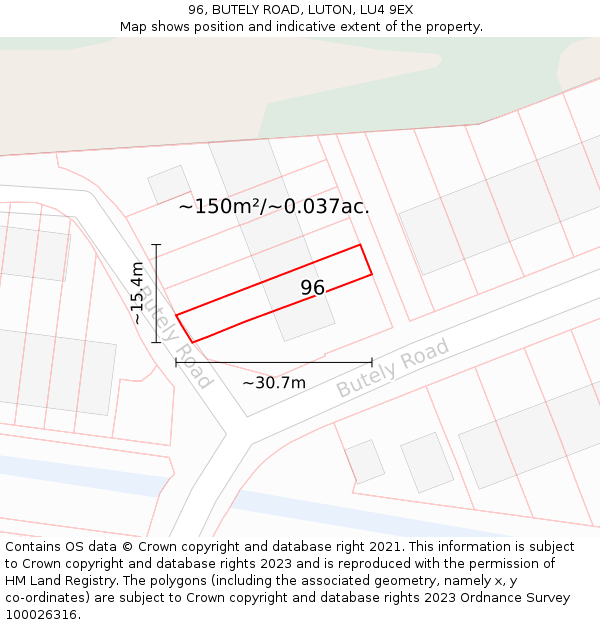 96, BUTELY ROAD, LUTON, LU4 9EX: Plot and title map