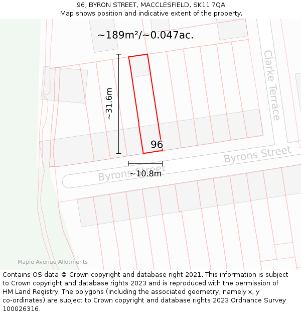 96, BYRON STREET, MACCLESFIELD, SK11 7QA: Plot and title map