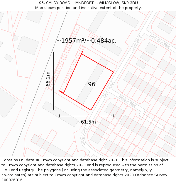 96, CALDY ROAD, HANDFORTH, WILMSLOW, SK9 3BU: Plot and title map