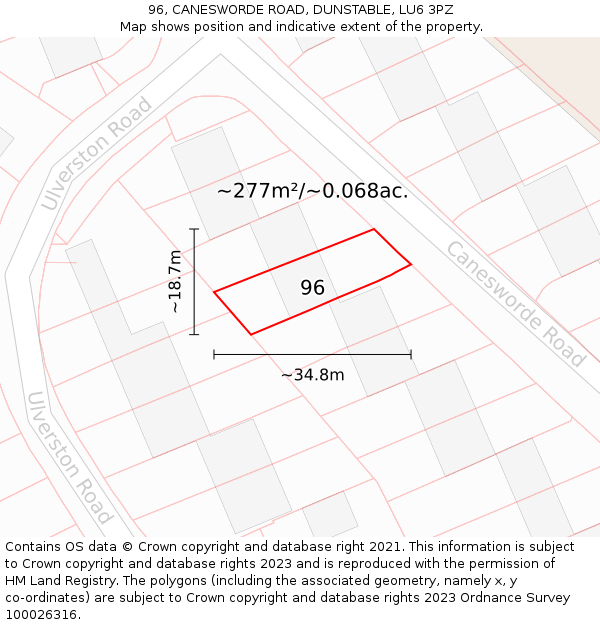 96, CANESWORDE ROAD, DUNSTABLE, LU6 3PZ: Plot and title map