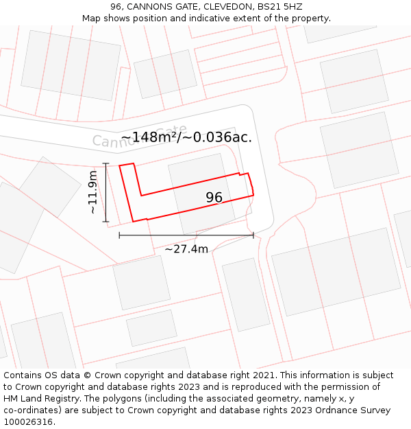 96, CANNONS GATE, CLEVEDON, BS21 5HZ: Plot and title map