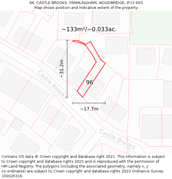 96, CASTLE BROOKS, FRAMLINGHAM, WOODBRIDGE, IP13 9SS: Plot and title map