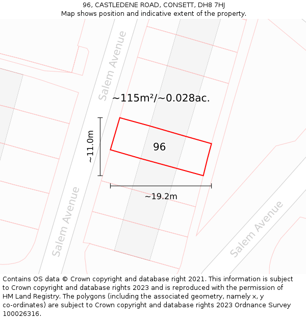 96, CASTLEDENE ROAD, CONSETT, DH8 7HJ: Plot and title map