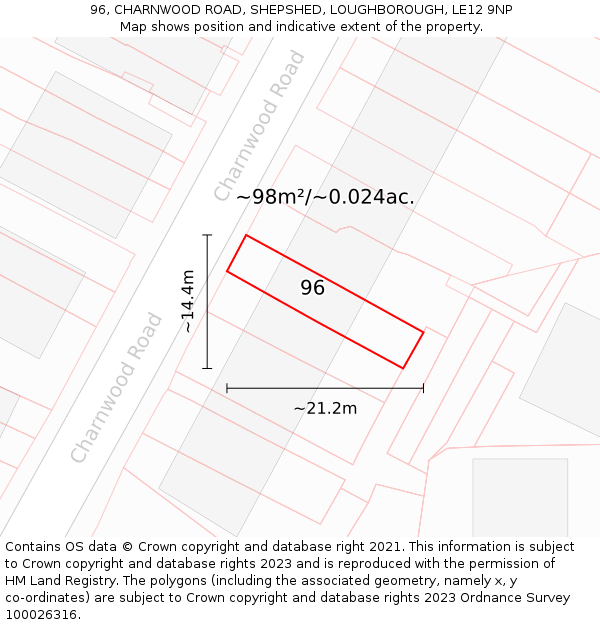 96, CHARNWOOD ROAD, SHEPSHED, LOUGHBOROUGH, LE12 9NP: Plot and title map