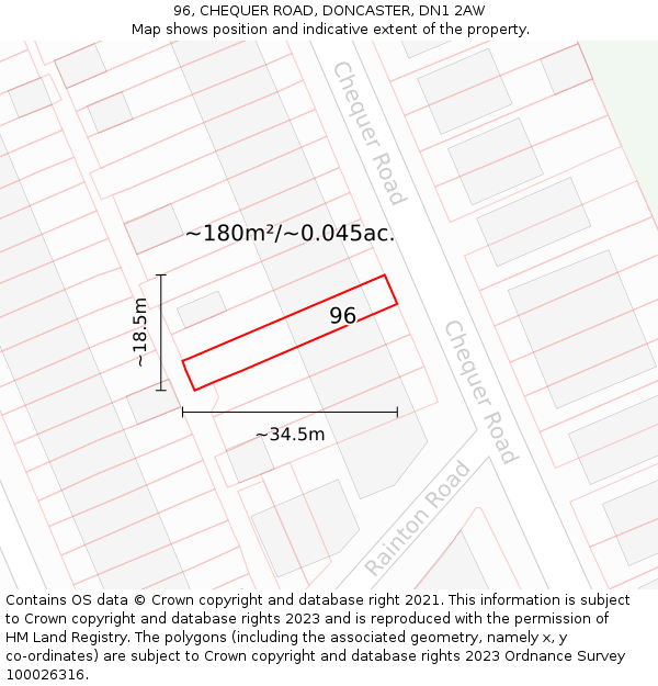 96, CHEQUER ROAD, DONCASTER, DN1 2AW: Plot and title map