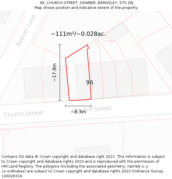 96, CHURCH STREET, GAWBER, BARNSLEY, S75 2RJ: Plot and title map