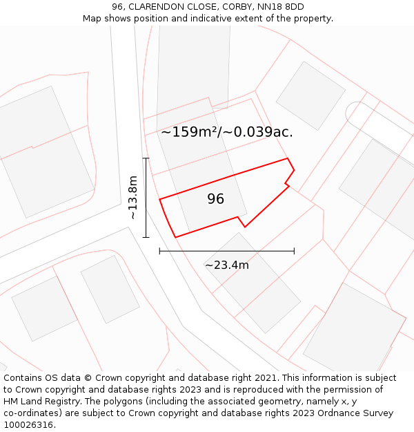96, CLARENDON CLOSE, CORBY, NN18 8DD: Plot and title map