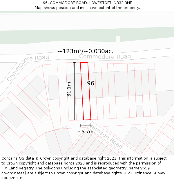 96, COMMODORE ROAD, LOWESTOFT, NR32 3NF: Plot and title map