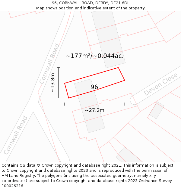 96, CORNWALL ROAD, DERBY, DE21 6DL: Plot and title map