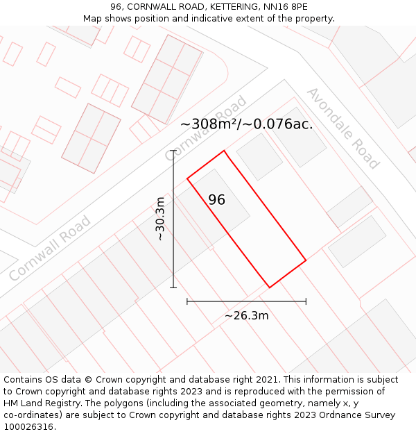 96, CORNWALL ROAD, KETTERING, NN16 8PE: Plot and title map
