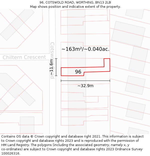 96, COTSWOLD ROAD, WORTHING, BN13 2LB: Plot and title map