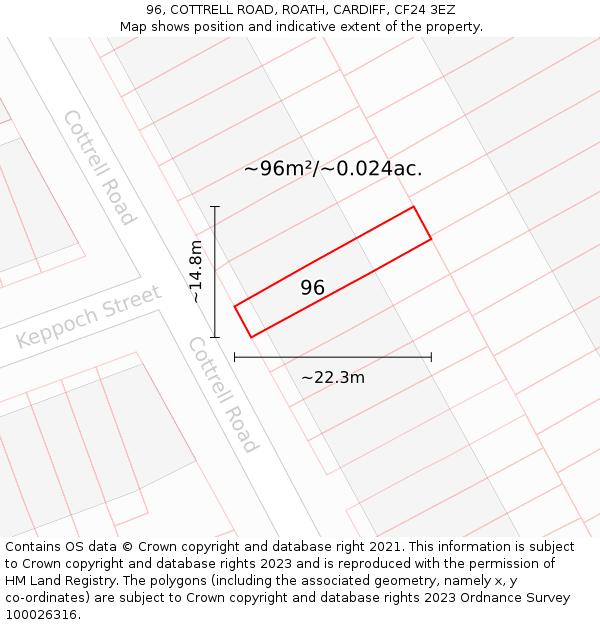 96, COTTRELL ROAD, ROATH, CARDIFF, CF24 3EZ: Plot and title map