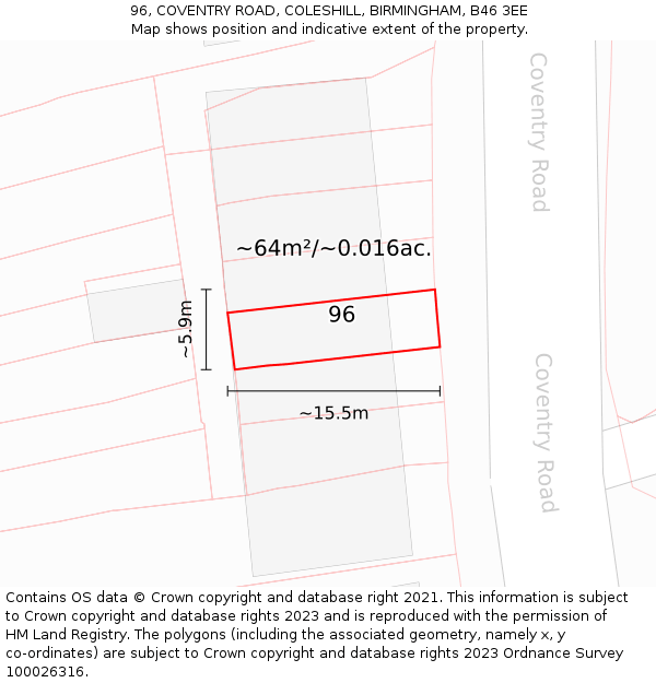 96, COVENTRY ROAD, COLESHILL, BIRMINGHAM, B46 3EE: Plot and title map