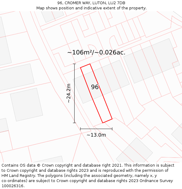 96, CROMER WAY, LUTON, LU2 7DB: Plot and title map