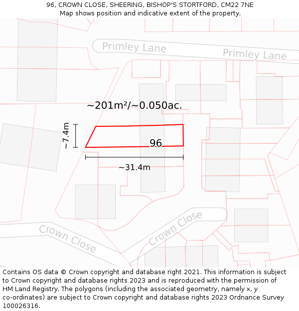 96, CROWN CLOSE, SHEERING, BISHOP'S STORTFORD, CM22 7NE: Plot and title map