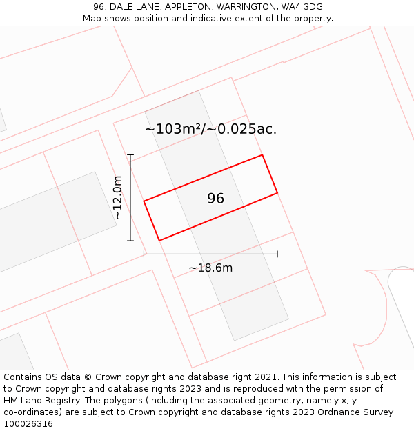 96, DALE LANE, APPLETON, WARRINGTON, WA4 3DG: Plot and title map