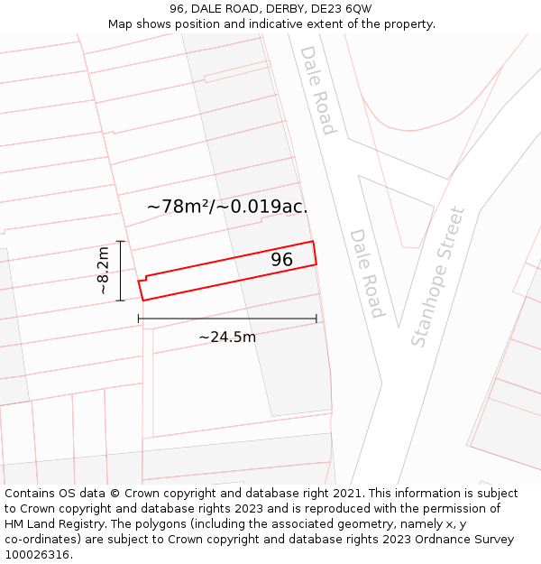 96, DALE ROAD, DERBY, DE23 6QW: Plot and title map