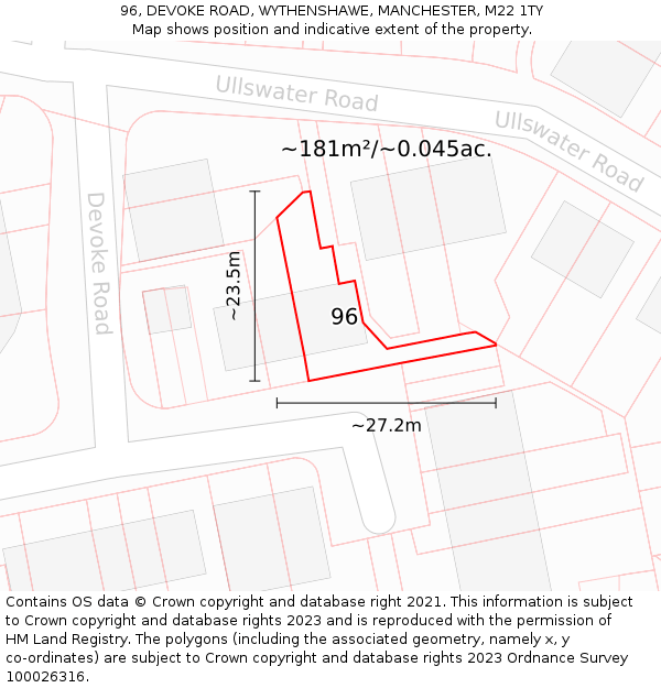 96, DEVOKE ROAD, WYTHENSHAWE, MANCHESTER, M22 1TY: Plot and title map