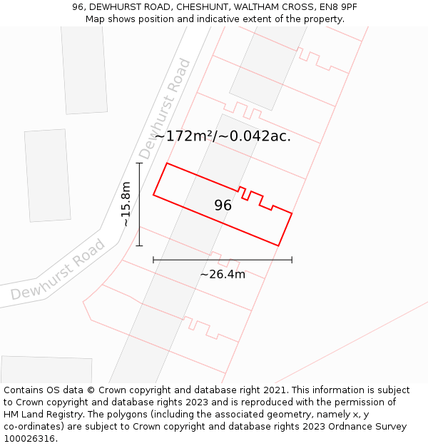 96, DEWHURST ROAD, CHESHUNT, WALTHAM CROSS, EN8 9PF: Plot and title map