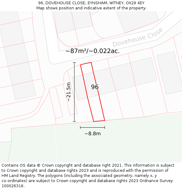 96, DOVEHOUSE CLOSE, EYNSHAM, WITNEY, OX29 4EY: Plot and title map