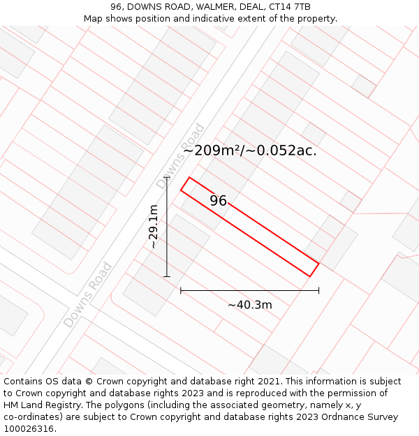 96, DOWNS ROAD, WALMER, DEAL, CT14 7TB: Plot and title map