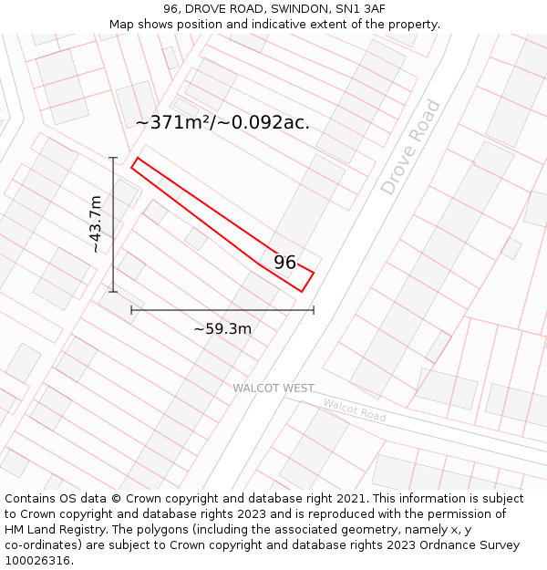96, DROVE ROAD, SWINDON, SN1 3AF: Plot and title map