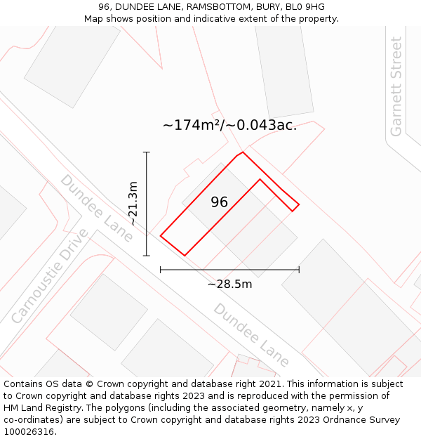 96, DUNDEE LANE, RAMSBOTTOM, BURY, BL0 9HG: Plot and title map
