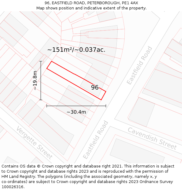 96, EASTFIELD ROAD, PETERBOROUGH, PE1 4AX: Plot and title map
