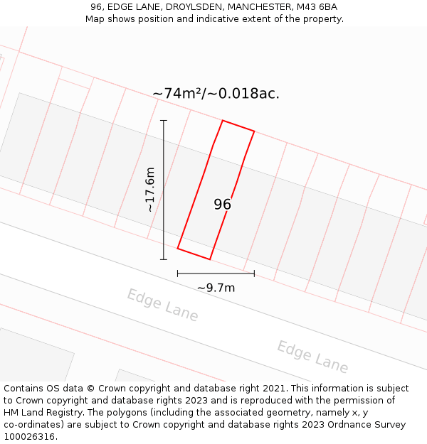 96, EDGE LANE, DROYLSDEN, MANCHESTER, M43 6BA: Plot and title map