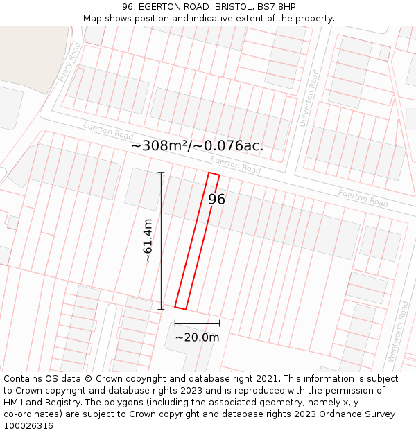 96, EGERTON ROAD, BRISTOL, BS7 8HP: Plot and title map