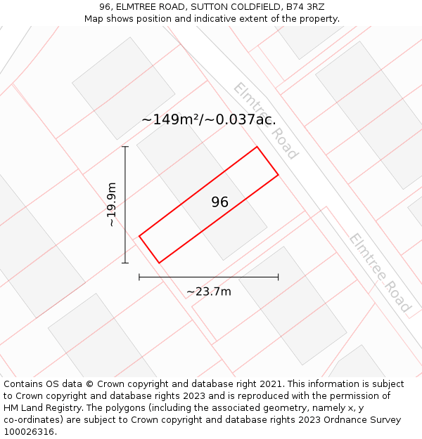 96, ELMTREE ROAD, SUTTON COLDFIELD, B74 3RZ: Plot and title map