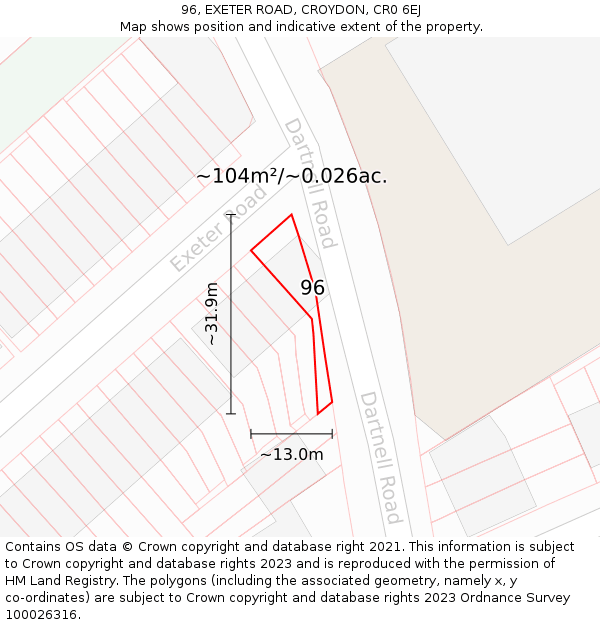 96, EXETER ROAD, CROYDON, CR0 6EJ: Plot and title map