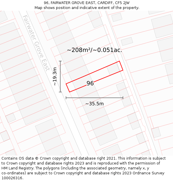 96, FAIRWATER GROVE EAST, CARDIFF, CF5 2JW: Plot and title map