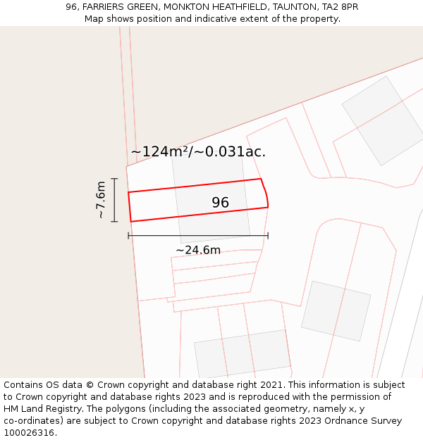 96, FARRIERS GREEN, MONKTON HEATHFIELD, TAUNTON, TA2 8PR: Plot and title map