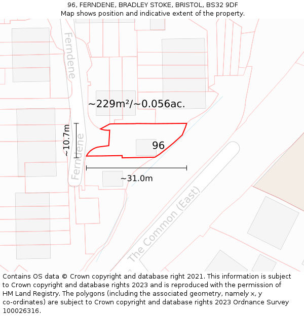 96, FERNDENE, BRADLEY STOKE, BRISTOL, BS32 9DF: Plot and title map