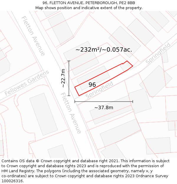 96, FLETTON AVENUE, PETERBOROUGH, PE2 8BB: Plot and title map