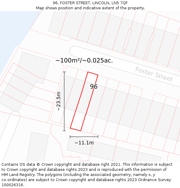 96, FOSTER STREET, LINCOLN, LN5 7QF: Plot and title map