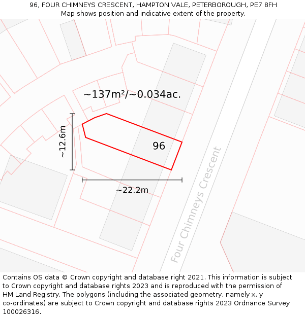 96, FOUR CHIMNEYS CRESCENT, HAMPTON VALE, PETERBOROUGH, PE7 8FH: Plot and title map