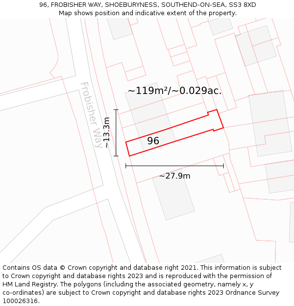 96, FROBISHER WAY, SHOEBURYNESS, SOUTHEND-ON-SEA, SS3 8XD: Plot and title map