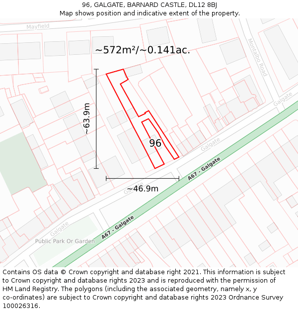 96, GALGATE, BARNARD CASTLE, DL12 8BJ: Plot and title map