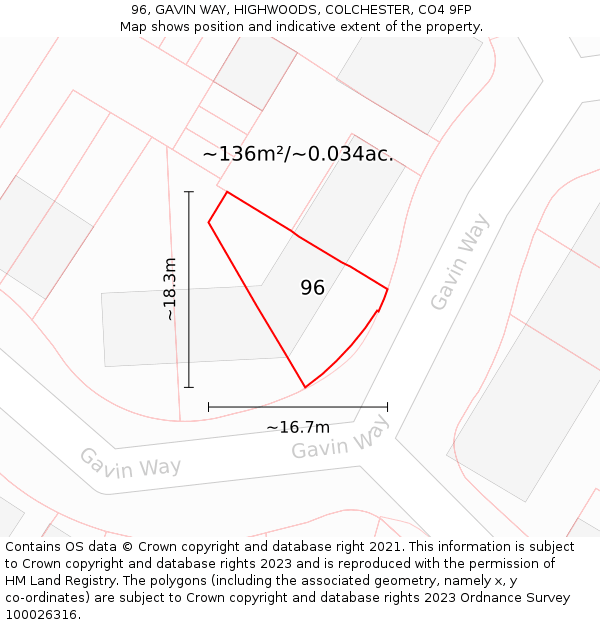 96, GAVIN WAY, HIGHWOODS, COLCHESTER, CO4 9FP: Plot and title map