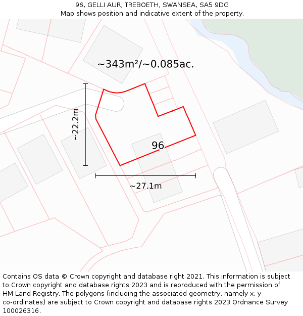 96, GELLI AUR, TREBOETH, SWANSEA, SA5 9DG: Plot and title map