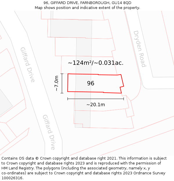 96, GIFFARD DRIVE, FARNBOROUGH, GU14 8QD: Plot and title map