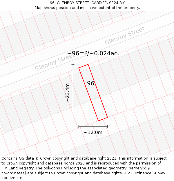 96, GLENROY STREET, CARDIFF, CF24 3JY: Plot and title map
