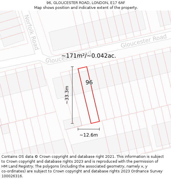 96, GLOUCESTER ROAD, LONDON, E17 6AF: Plot and title map