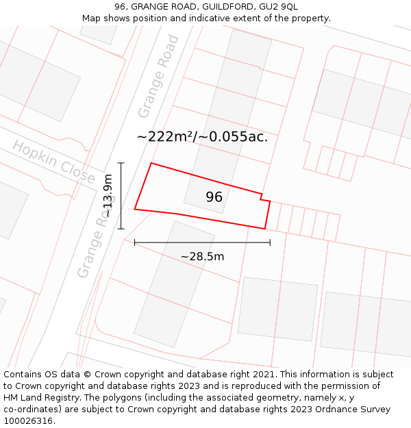 96, GRANGE ROAD, GUILDFORD, GU2 9QL: Plot and title map