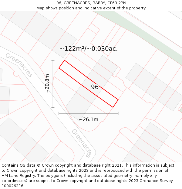 96, GREENACRES, BARRY, CF63 2PN: Plot and title map